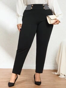 SHEIN Privé Plus Size Elegant Houndstooth Patchwork Long Pants - Black - View 4