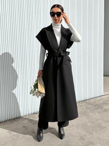 SHEIN Essnce 素色西裝領腰帶背心大衣 - 黑色 - 查看 3