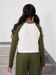 SHEIN Tween Girl Colorblock Raglan Sleeve Tee - Multicolor - View 2