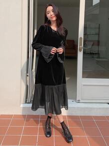 Dazy Star Ladies Mesh Spliced Velvet Dress - Black - View 6