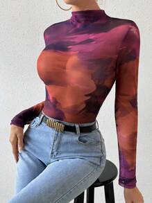 Allurite Tie Dye Mock Neck Mesh Top Fall Cloth For Women - Multicolor - View 5