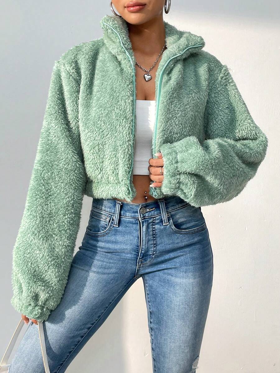 SHEIN Unity Dây kéo Mùa vụ 	
Fuzzy Áo khoác - Màu xanh Bạc hà - Xem 1