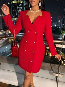 Sweetheart Neck Double Breasted Fitted Dress - Red - View 4