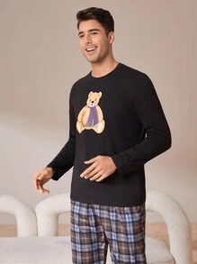 男士小熊印花家居服上裝 - 黑色 - 查看 3