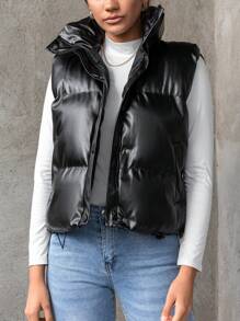 SHEIN Cottnline Zip Up Leather Look Vest Puffer Coat - Black - View 1