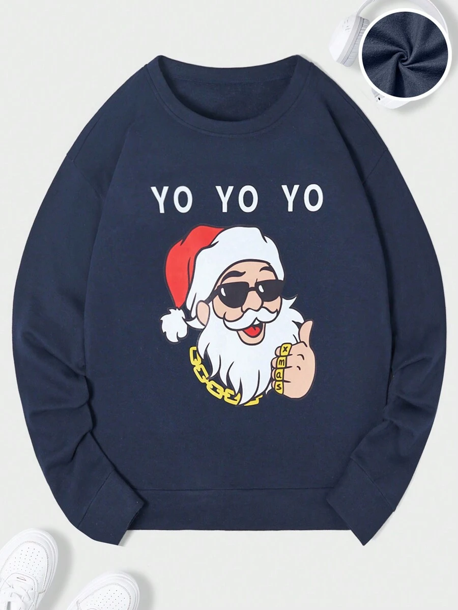 SHEIN Cottnline Men Christmas Santa Claus & Letter Graphic Sweatshirt - Royal Blue - View 1
