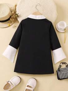 SHEIN 女小童拼接領荷葉袖襯衫洋裝 - 黑色 - 查看 2