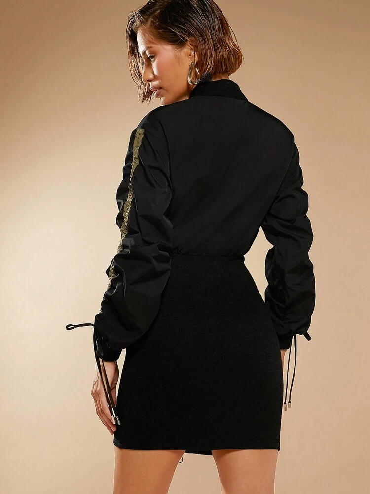 Zip Up Drawstring Sleeve Dress