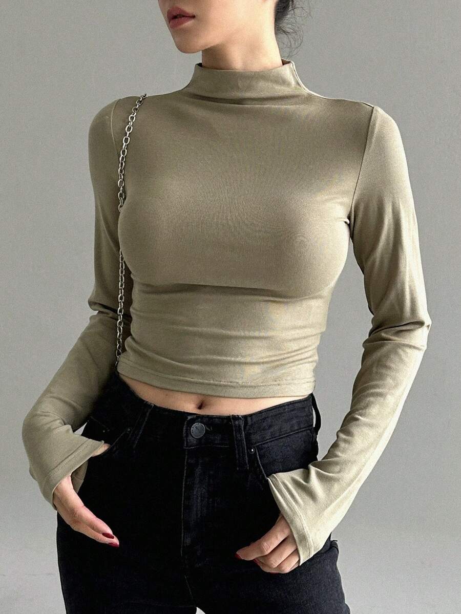 Dazy Star Cổ giả Viền ven Áo phông Crop - Màu Khaki - Xem 1