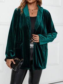 SHEIN LUNE Plus Shawl Collar Flap Detail Velvet Blazer - Dark Green - View 1