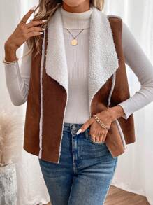 SHEIN LUNE Cổ áo thác nước Lót Teddy Áo vest - màu nâu - Xem 3