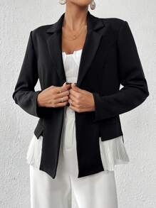 SHEIN Privé Chaqueta Blazer Para Mujer Con Cuello De Solapa Y Bloque De Color En El Dobladillo - Blanco y Negro - Ver 3