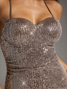 SHEIN BAE 女士閃閃發光高開叉連衣裙 - 卡其色 - 查看 6