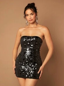 SHEIN BAE Giáng sinh Kim sa Đầm bó sát ống - màu đen - Xem 6