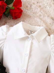 SHEIN Explorewe 圣诞礼物，女婴泡泡袖上衣、方格蝴蝶结裙和背心套装 - 黑與白 - 查看 7