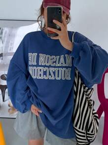 DAZY Letter Print Drop Shoulder Sweatshirt - Royal Blue - View 1