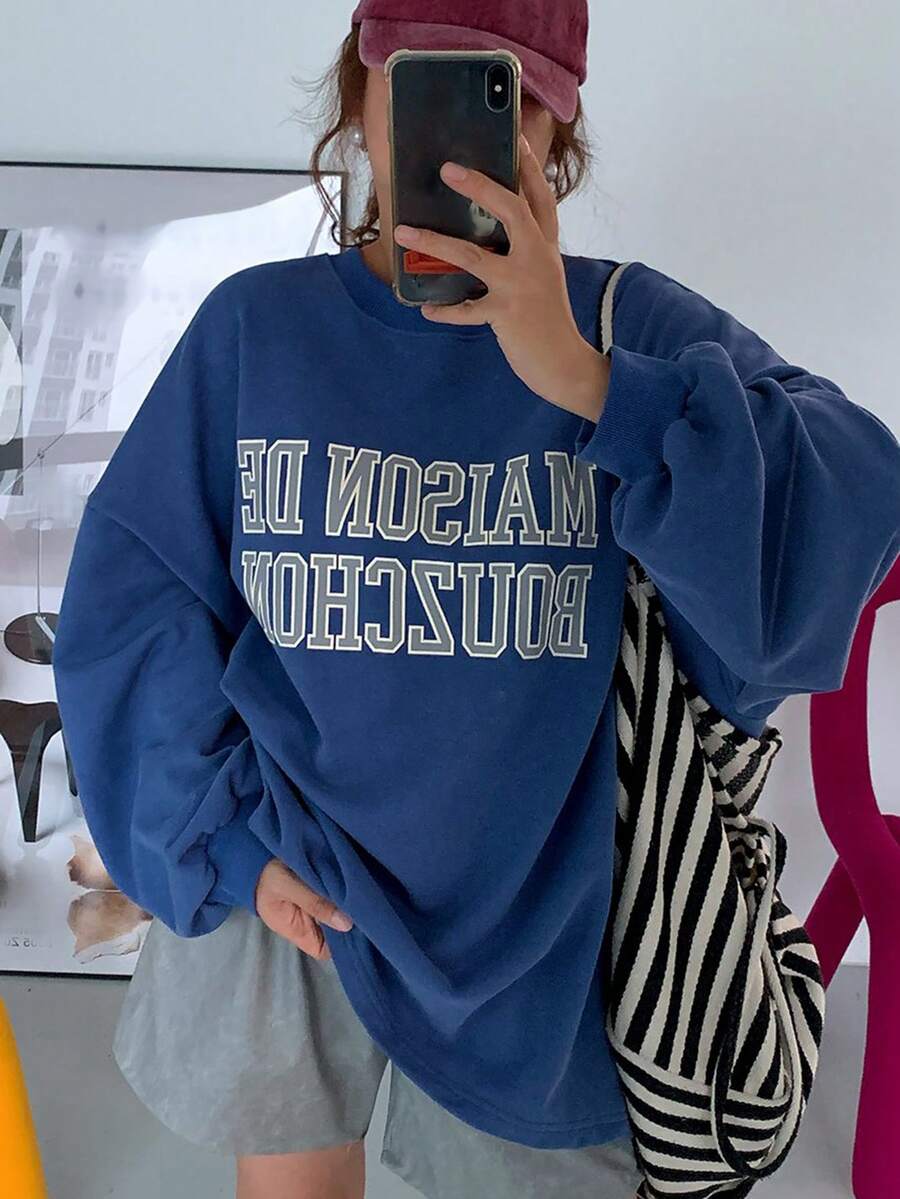 DAZY Letter Print Drop Shoulder Sweatshirt - Royal Blue - View 1