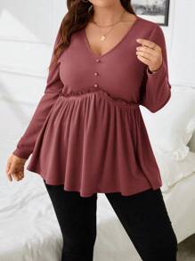 SHEIN LUNE Hơn Lá sen tỉa Nút phía trước Xoay eo Áo thun - Gỗ đỏ - Xem 4