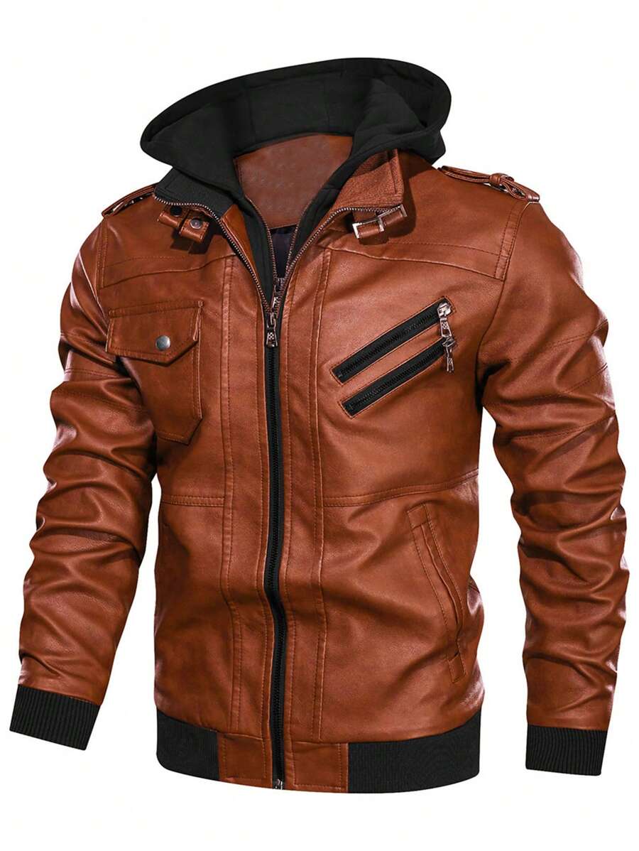Manfinity 寬鬆版型男士pu皮革連帽拉鍊外套 - 棕色 - 查看 1