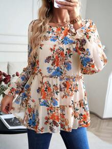 SHEIN Essnce 印花荷葉邊襯衫 - 杏色 - 查看 6