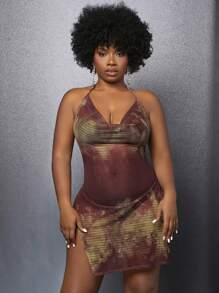Slaydiva Brown & Yellow Tie Dye Mesh See-Through High Slit Halter Backless Bodycon Mini Dress For Women - Multicolor - View 3