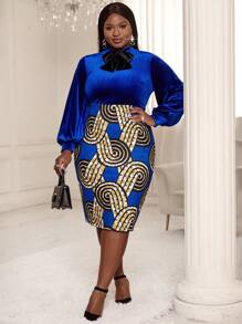 SHEIN Lady Plus Geo Print Bow Front Lantern Sleeve Velvet Dress - Multicolor - View 3