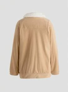 SHEIN Unity 羊絨領口翻蓋細節加絨內裏燈芯絨大衣 - 卡其色 - 查看 2