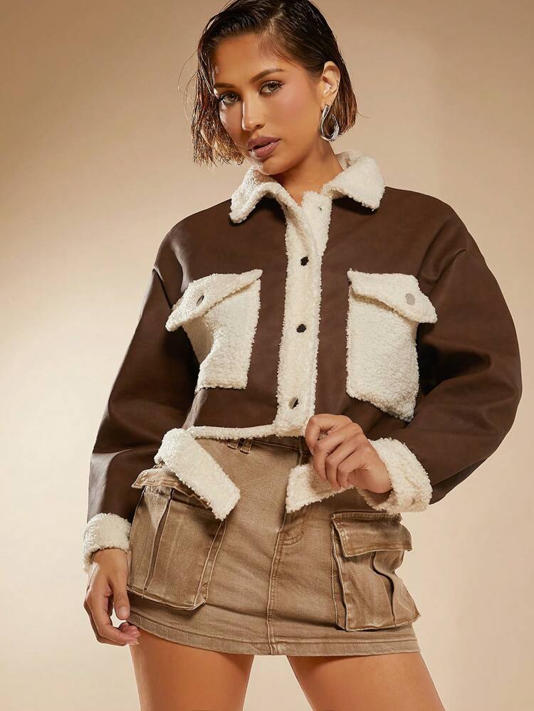 Contrast Teddy PU Leather Crop Jacket