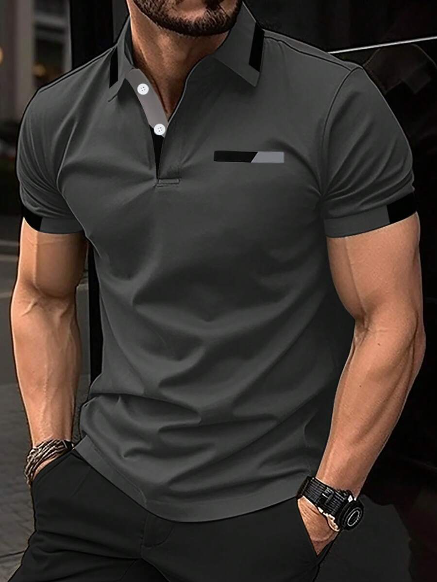 Manfinity Homme 男士拼接邊POLO衫 - 灰色 - 查看 1