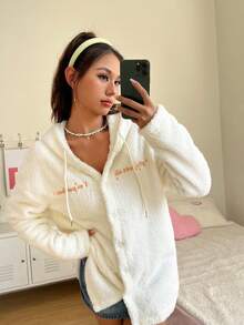 SHEIN Qutie Text Pattern Shearling Hooded Jacket - Beige - View 5