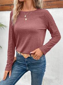 SHEIN Frenchy 素色拼接網眼刺繡T恤 - 乾枯玫瑰色 - 查看 4