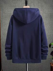 Manfinity Homme Men's Hooded Sweatshirt With Kangaroo Pocket And Drawstring, Letter Printed - Navy Blue - View 2