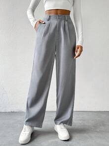 SHEIN Privé Cao eo Chi tiết nếp Quần tây - Xám - Xem 3