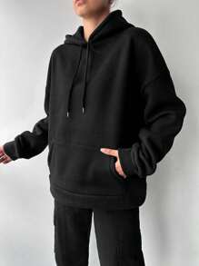 SHEIN Cottnline Butterfly & Slogan Graphic Drop Shoulder Drawstring Thermal Lined Hoodie - Black - View 3