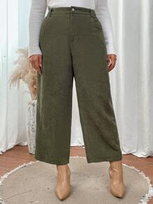 SHEIN LUNE Plus Size Wide Leg Cropped Pants - Army Green - View 3