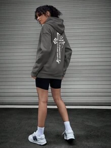 SWAVVY Loose Fit Men's Cross Print Hoodie - Dark Green - View 5