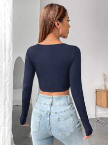 SHEIN EZwear Women's Sexy Long Sleeve Crop Top Seamless Square Neck T Shirt Tops - Navy Blue - View 2