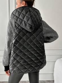 SHEIN 女式連帽棉衣,拼接袖子設計 - 黑色 - 查看 2