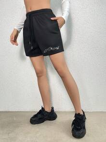 SHEIN Unity Pha lê Mẫu chữ Eo dây rút Quần short - màu đen - Xem 5