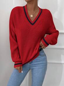 EURMUSE Asymmetric Drop Shoulder Sweater With Contrast Border - Red - View 3