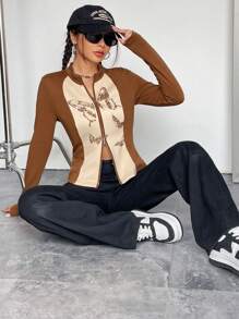 SHEIN EZwear Butterfly Print Zip Up Sweatshirt - Multicolor - View 1