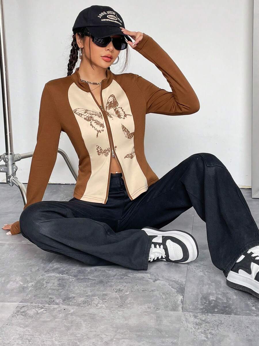 SHEIN EZwear Butterfly Print Zip Up Sweatshirt - Multicolor - View 1