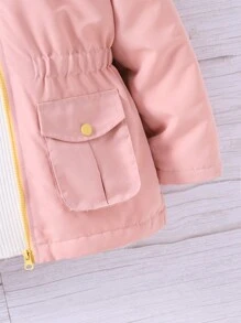 SHEIN 女大童1入組翻蓋口袋毛茸邊連帽加絨內裏外套 - 粉色 - 查看 5