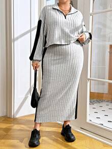 SHEIN Essnce Plus Contrast Side Seam Drop Shoulder Half Zip Top & Skirt - Grey - View 6