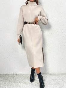 SHEIN Frenchy Áo cao cổ Thả vai Tách đùi Đầm Áo len - Màu be - Xem 1