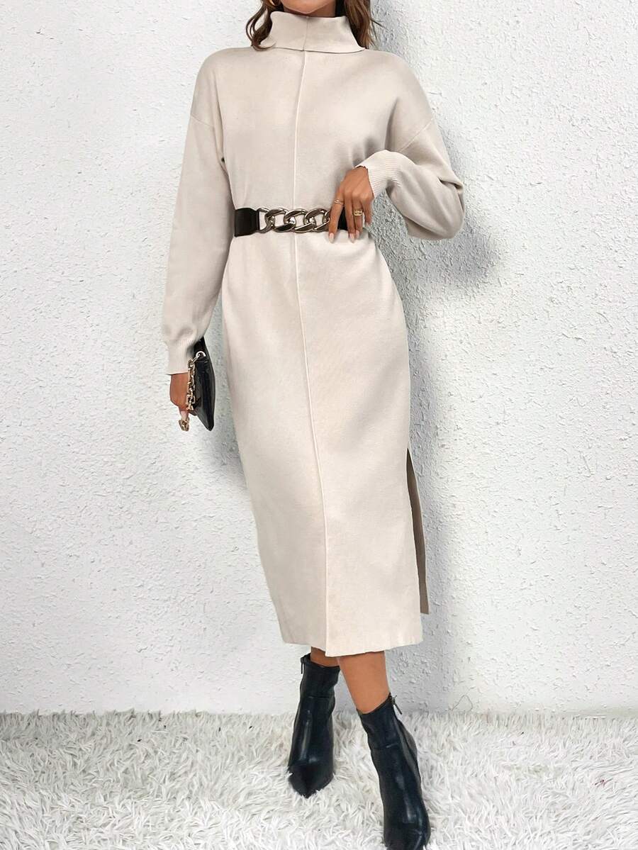 SHEIN Frenchy Áo cao cổ Thả vai Tách đùi Đầm Áo len - Màu be - Xem 1