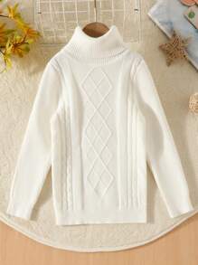 SHEIN Young Boy Turtleneck Cable Knit Sweater - White - View 1
