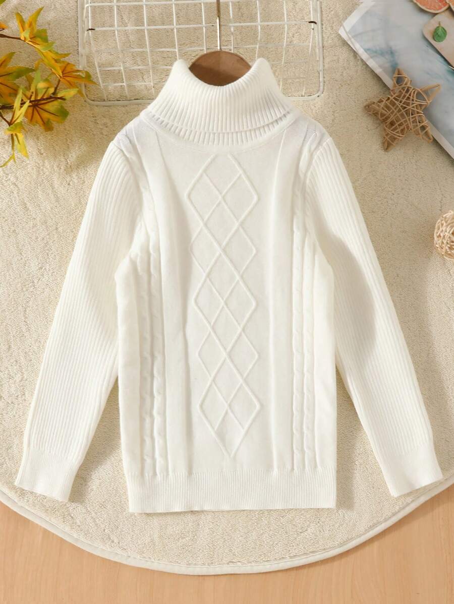 SHEIN Young Boy Turtleneck Cable Knit Sweater - White - View 1