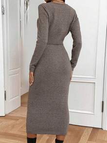 SHEIN Unity Chất rắn Váy len yếm & Nút phía trước Áo len Mở - màu nâu - Xem 2