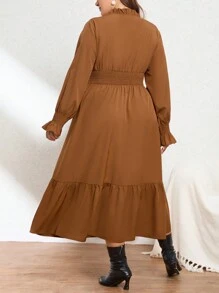 SHEIN Privé Talla grande Vestido de manga con volante bajo con fruncido - Marrón - Ver 2